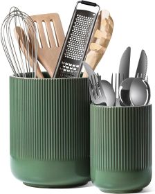 Utensil Holder for Kitchen Counter, 7.3"+5.4" Fluted Ceramic Utensil Crock Organizer for Countertop, Heavy Large Holder for Spatulas, Spoons, Set
